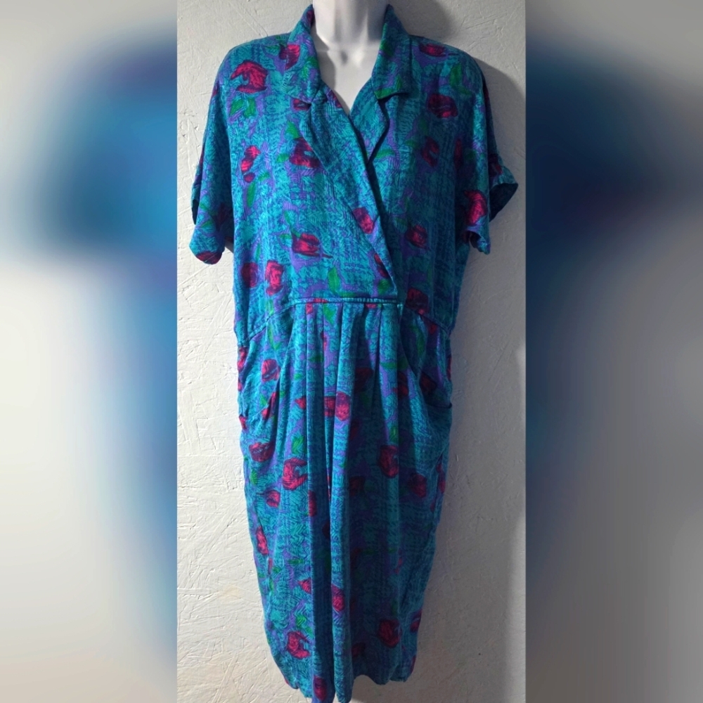 Vintage 1980s 100% Silk Blue Print Shirt Dress - Size 10